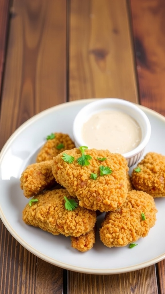 Crispy Gluten-Free Breaded Chicken Crispy gluten-free breaded chicken served on a plate with parsley and dipping sauce.